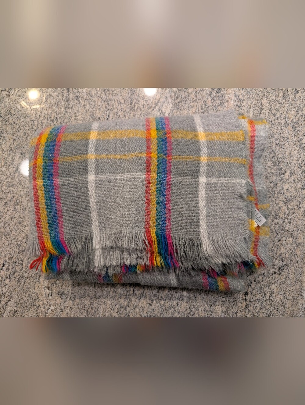 Call It Spring Gray Plaid Scarf with Rainbow Stripes